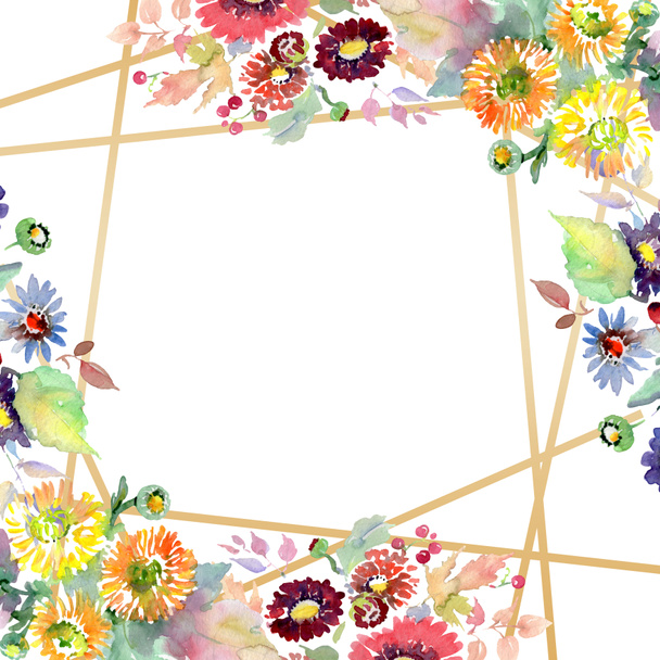 Boeketten met bloemen en vruchten. Aquarel achtergrond afbeelding instellen. Frame grens ornament vierkant. - Foto, afbeelding