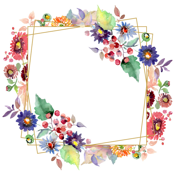 Bouquets with flowers and fruits. Watercolor background illustration set. Frame border ornament square. - Φωτογραφία, εικόνα