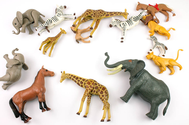 close-up shot of various toy animals made of plastic on white background - Photo, Image