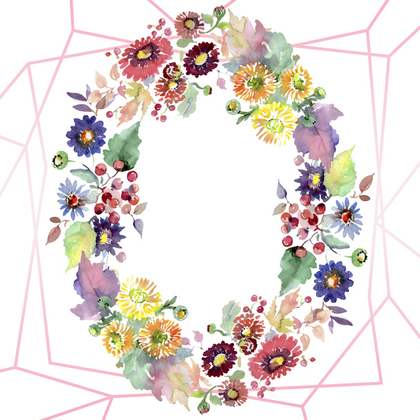 Bouquets with flowers and fruits. Watercolor background illustration set. Frame border ornament square. - Foto, Imagem