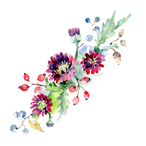 Bouquet with flowers and berries. Watercolor background illustration set. Isolated bouquet illustration element. - Φωτογραφία, εικόνα