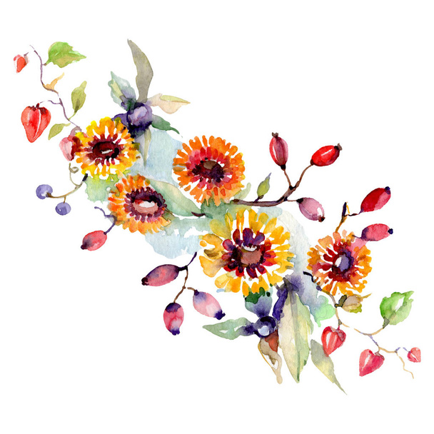 Bouquet with flowers and berries. Watercolor background illustration set. Isolated bouquet illustration element. - Фото, зображення