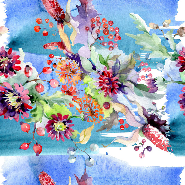 Bouquet with flowers and berries. Floral botanical flower. Wild spring leaf wildflower isolated. Watercolor background illustration set. Watercolour drawing fashion aquarelle isolated. - Zdjęcie, obraz