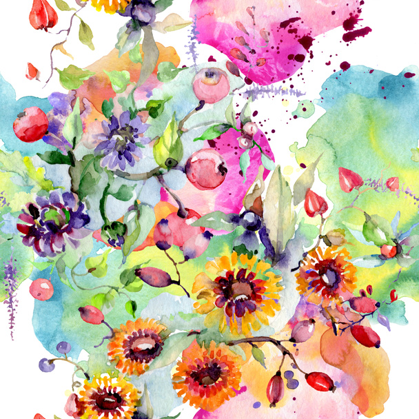Bouquet with flowers and berries. Floral botanical flower. Wild spring leaf wildflower isolated. Watercolor background illustration set. Watercolour drawing fashion aquarelle isolated. - Photo, Image