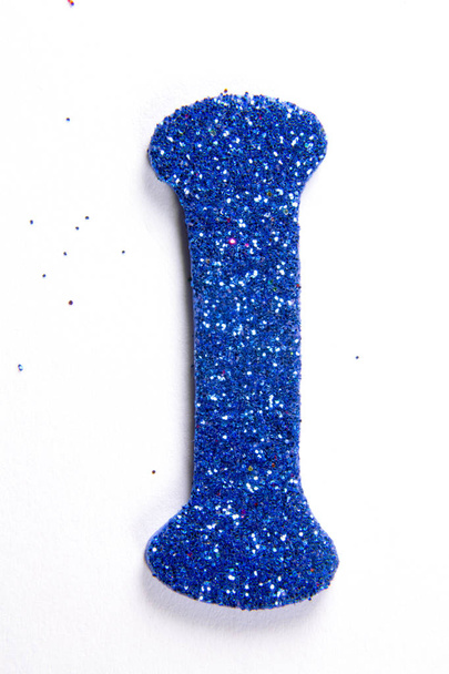 Alphabet Letter I with blue glitter On White Background - Photo, Image