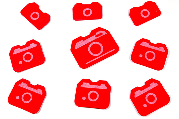 Κόκκινα αυτοκόλλητα κάμερας απομονωμένα σε λευκό - Φωτογραφία, εικόνα