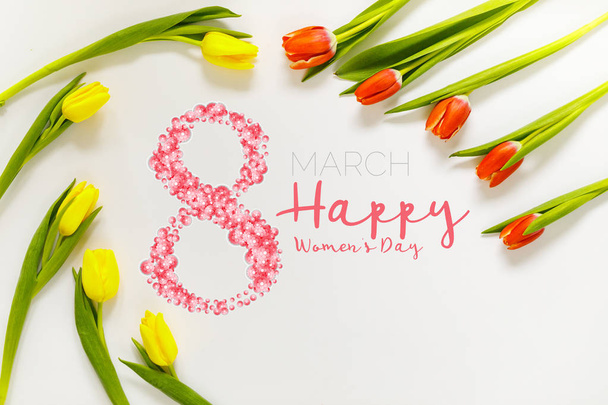 Mother's day holiday. Women's day poster or banner . International Women's Day on 8 March design. Tulips Flowers on background. - Fotó, kép
