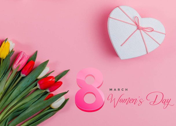 Mother's day holiday. Women's day poster or banner . International Women's Day on 8 March design. Tulips Flowers on background. - Fotó, kép