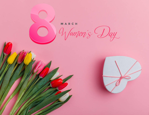Mother's day holiday. Women's day poster or banner . International Women's Day on 8 March design. Tulips Flowers on background. - Foto, immagini