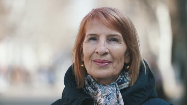 Happy senior woman in trendy scarf standing in a sunny park in autumn in slo-mo               Splendid view of a smiling elderly woman in a stylish scarf and a long dark jacket standing in a sunny alley in autumn in slow motion - Filmagem, Vídeo