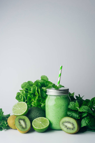 Green detox healthy smoothie from green fruit - avocado, salad,  - Photo, Image