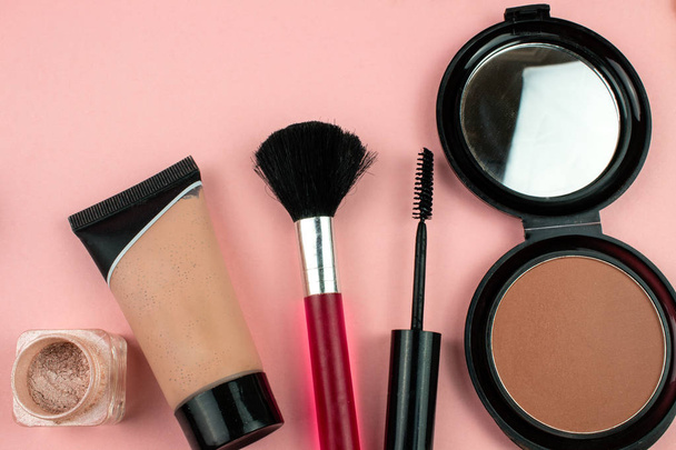 Cosmetics and Makeup Composition on Pink Background - Photo, Image
