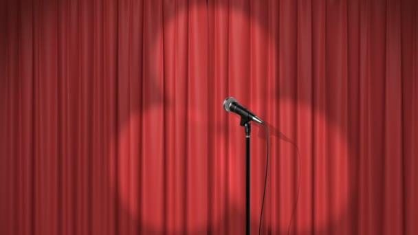 Mooie rode gordijn met spots en een microfoon op het podium, naadloze lus 3d animatie. 4k - Video
