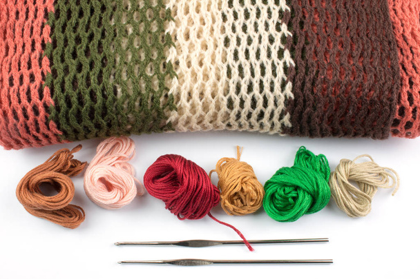 knitting needles, threads and Scarf isolated on white background - Photo, Image