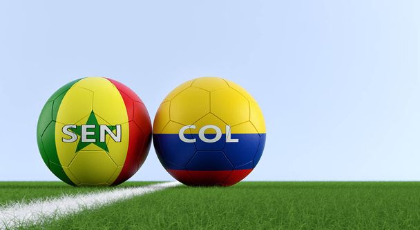 Colombia vs. Senegal Soccer Match - Soccer balls in Senegals and Colombias national colors on a soccer field. Copy space on the right side - 3D Rendering  - 写真・画像