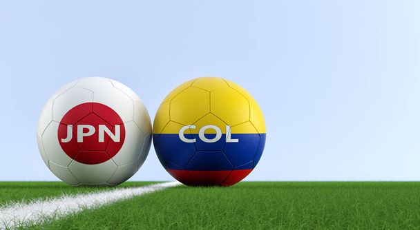 日本対コロンビア サッカーの試合 - サッカーのフィールドで日本と Colombias の国旗の色でのサッカー ボール。右側のスペースをコピー - 3 d レンダリング  - 写真・画像