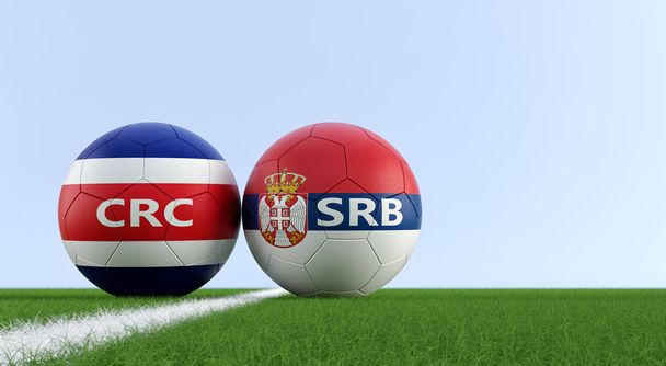 Costa Rica vs. Serbia Soccer Match - Soccer balls in Costa Ricas and Serbian national colors on a soccer field. Copy space on the right side - 3D Rendering  - Valokuva, kuva