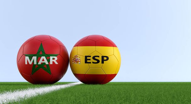 Spain vs. Morocco Soccer Match - Soccer balls in Spains and Moroccos national colors on a soccer field. Copy space on the right side - 3D Rendering  - 写真・画像