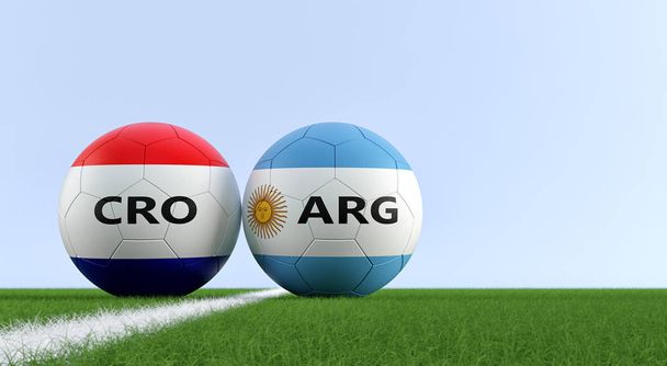 Croatia vs. Argentina Soccer Match - Soccer balls in Argentina and Croatia national colors on a soccer field. Copy space on the right side - 3D Rendering  - 写真・画像
