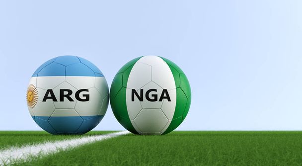 Argentinië vs. Nigeria voetbalwedstrijd - Soccer ballen in Argentinas en Nigerias nationale kleuren op een voetbalveld. Kopiëren van ruimte op de rechterkant - 3d Rendering  - Foto, afbeelding