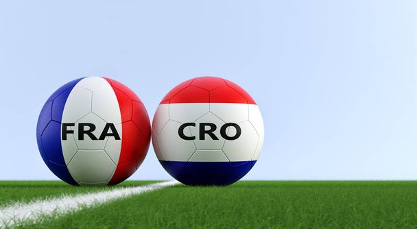 Frankrijk vs. Kroatië voetbalwedstrijd - Soccer ballen in Frankrijk en Kroatië nationale kleuren op een voetbalveld. Kopiëren van ruimte op de rechterkant - 3d Rendering  - Foto, afbeelding