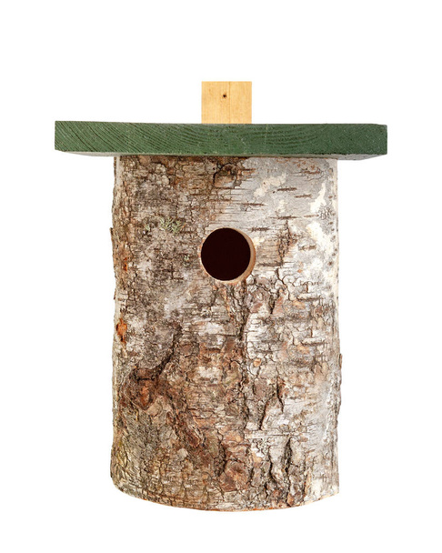 luonnollinen log tit pesivät laatikko lintu talo eristetty valkoinen
 - Valokuva, kuva