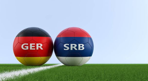 Γερμανία vs. Σερβία αγώνα ποδοσφαίρου - μπάλες ποδοσφαίρου σε Γερμανίες και Σερβικού εθνικά χρώματα σε ένα γήπεδο ποδοσφαίρου. Αντιγράψτε το χώρο στη δεξιά πλευρά - 3d Rendering  - Φωτογραφία, εικόνα