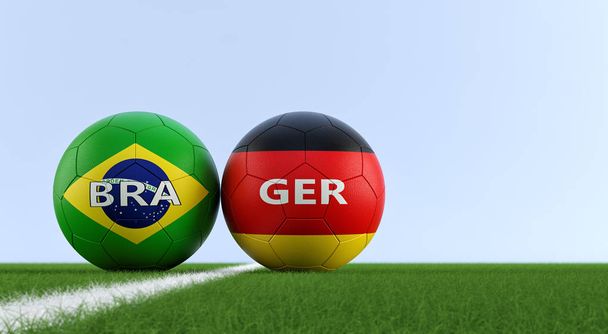 Brazilië vs. Duitsland voetbalwedstrijd - Soccer ballen in Duits en Brazilië nationale kleuren op een voetbalveld. Kopiëren van ruimte op de rechterkant - 3d Rendering  - Foto, afbeelding