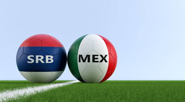 Srbsko vs. Mexico fotbalový zápas - fotbalové míče v srbské a mexické národní barvy na fotbalovém hřišti. Zkopírujte prostor na pravé straně - 3d vykreslování  - Fotografie, Obrázek
