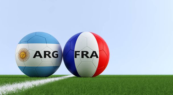 Argentina vs. France Soccer Match - Soccer balls in Argentinas and France national colors on a soccer field. Copy space on the right side - 3D Rendering  - Zdjęcie, obraz