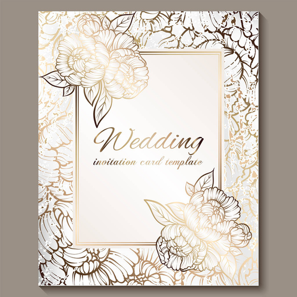 Antieke Koninklijke luxe bruiloft uitnodiging, goud op witte achtergrond met frame en plaats voor tekst, lacy loof gemaakt van rozen of pioenrozen met glanzende verloop - Vector, afbeelding