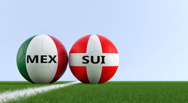 Switzerland vs. Mexico Soccer Match - Soccer balls in Switzerland and Mexicos national colors on a soccer field. Copy space on the right side - 3D Rendering  - Φωτογραφία, εικόνα