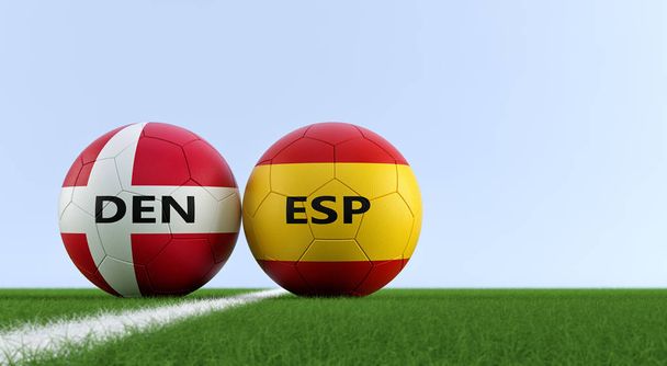 Danemark vs Espagne Football Match - Balles de football au Danemark et en Espagne couleurs nationales sur un terrain de football. Espace de copie sur le côté droit - rendu 3D
  - Photo, image