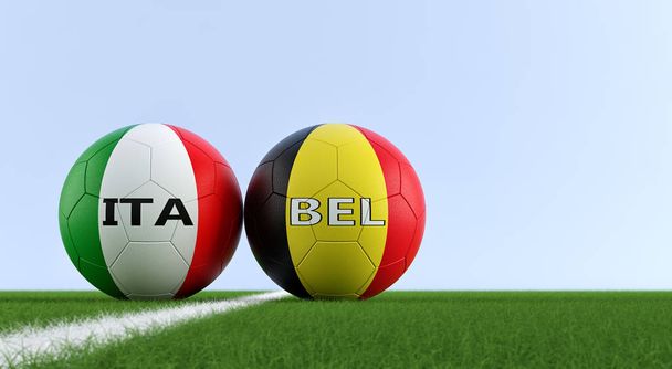 Itálie vs. Belgie fotbalový zápas - fotbalové míče v národních barvách Itálie a Belgie na fotbalovém hřišti. Zkopírujte prostor na pravé straně - 3d vykreslování  - Fotografie, Obrázek