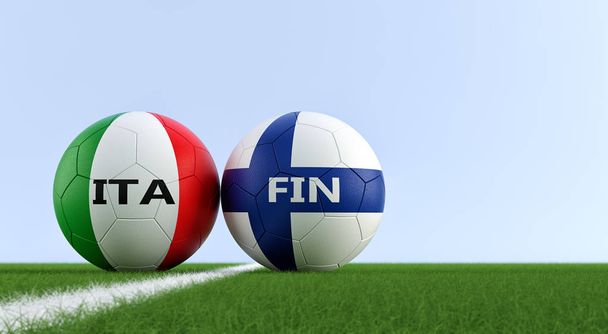 Italia vs. Suomi Soccer Match Jalkapallo pallot Italiassa ja Suomessa kansalliset värit jalkapallokenttä. Kopioi tilaa oikealla puolella - 3D Renderöinti
  - Valokuva, kuva