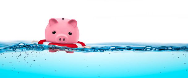 Piggy Bank In Life-ring Floating On Water - Financial Security Concept - Photo, Image