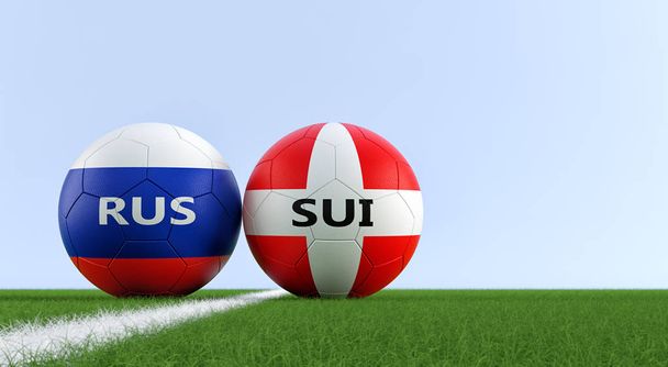 Sveitsi vs. Venäjä Soccer Match - Jalkapallo pallot Sveitsissä ja Venäjällä kansallisia värejä jalkapallokenttä. Kopioi tilaa oikealla puolella - 3D Renderöinti
  - Valokuva, kuva