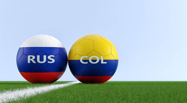 Match de soccer Colombie-Russie - Balles de soccer en Colombie et en Russie couleurs nationales sur un terrain de soccer. Espace de copie sur le côté droit - rendu 3D
  - Photo, image