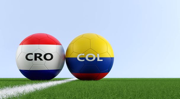 Colombia vs. Croatia Soccer Match - Soccer balls in Colombia and Croatia national colors on a soccer field. Copy space on the right side - 3D Rendering  - 写真・画像