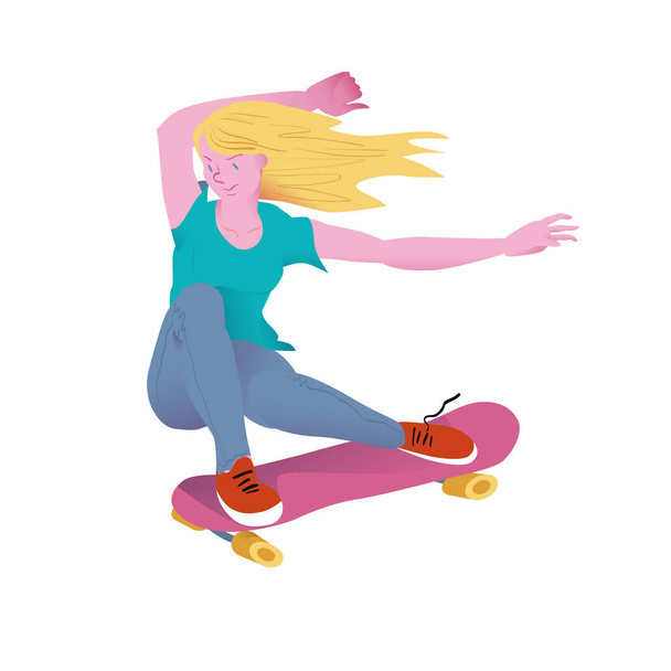 Young beautyful girl with golden hair on pink skateboard. The skateboarder in a sitting position does a trick. Flyer or poster for goods for sportsmen skateboarders. Flat vector illustration. - Vector, imagen
