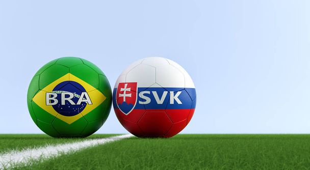 Slovakia vs. Brazil Soccer Match - Soccer balls in Slovakia and Brazil national colors on a soccer field. Copy space on the right side - 3D Rendering  - Foto, Imagen