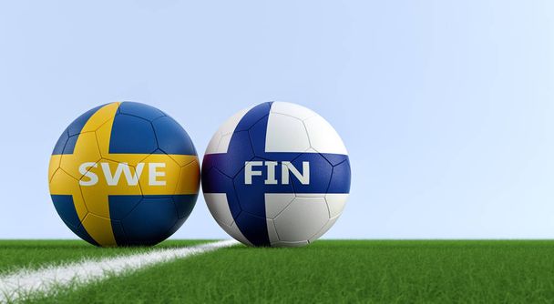 Sweden vs. Finland Soccer Match - Soccer balls in Sweden and Finlands national colors on a soccer field. Copy space on the right side - 3D Rendering  - Foto, Bild