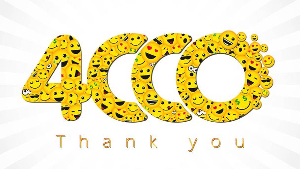 Ich danke Ihnen 4 000 Anhänger Logotyp. Glückwunsch zum 4.000 Networking Danke, Netzfreunde gelbes Symbol, 4000k Schild mit den Gesichtern der Menschen. vereinzelt lächelnde Zahlen. abstrakte Grafik-Design-Vorlage. Glückliche 4000 Grußkarte, dekorativer Hintergrund - Vektor, Bild