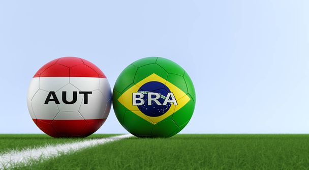 Rakousko vs Brazílie fotbalový zápas - fotbalové míče v národních barvách Rakouska a Brazílie na fotbalovém hřišti. Zkopírujte prostor na pravé straně - 3d vykreslování  - Fotografie, Obrázek