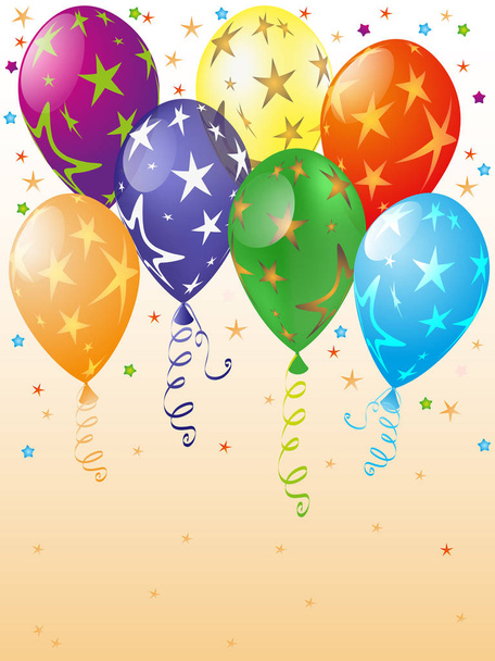 Tarjeta de felicitación festiva con globos translúcidos con estrellas y confeti. Imagen vectorial. Eps 10
 - Vector, imagen