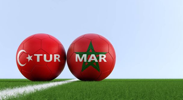 Turkey vs. Morocco Soccer Match - Soccer balls in Turkey and Morocco national colors on a soccer field. Copy space on the right side - 3D Rendering - 写真・画像