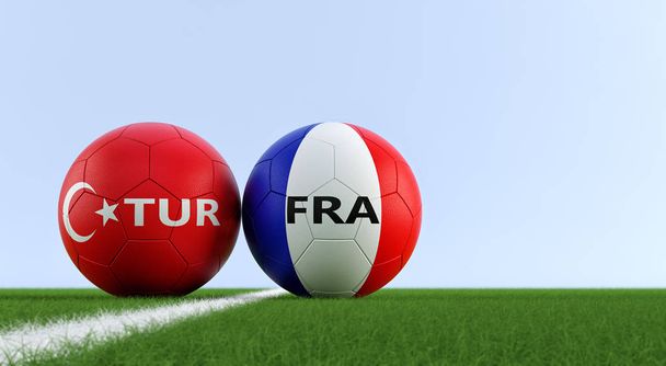 Turkey vs. France Soccer Match - Soccer balls in Turkey and France national colors on a soccer field. Copy space on the right side - 3D Rendering - Foto, afbeelding