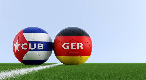 Germany vs. Cuba Soccer Match - Soccer balls in Germany and Cuba national colors on a soccer field. Copy space on the right side - 3D Rendering  - Foto, Bild