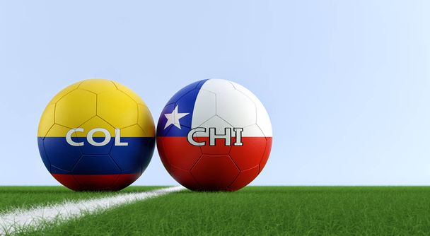 コロンビア対チリ サッカー - サッカーのフィールドでコロンビアとチリの国旗の色でのサッカー ボール。右側のスペースをコピー - 3 d レンダリング  - 写真・画像