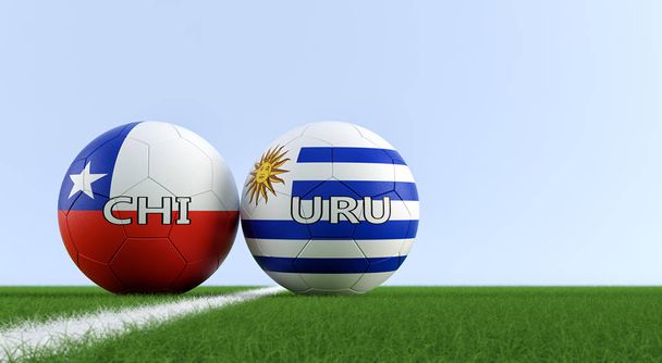 Uruguay vs. Chile Soccer Match - Soccer balls in Uruguay and Chile national colors on a soccer field. Copy space on the right side - 3D Rendering  - 写真・画像